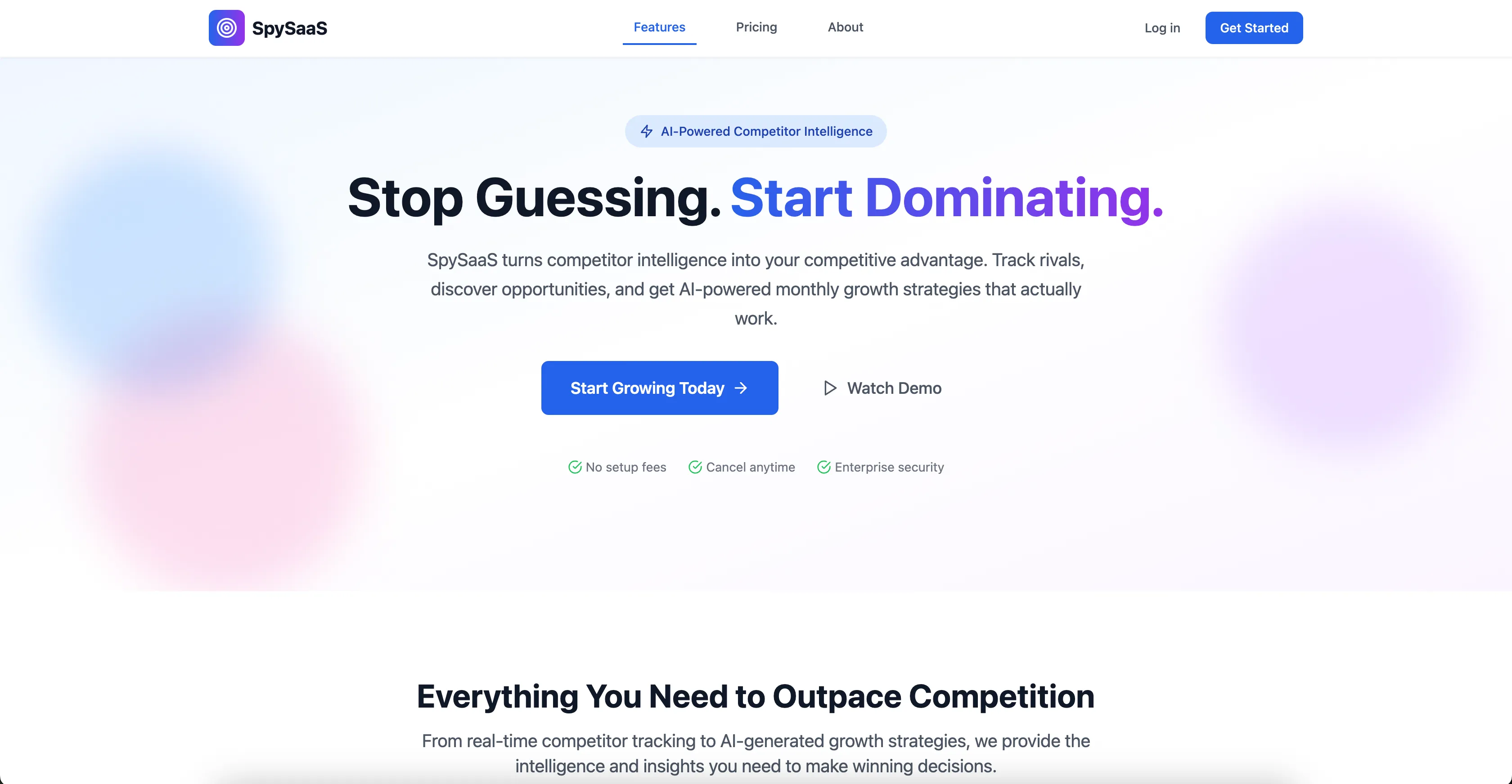 The competitor intelligence product's landing page with the headline Stop Guessing. Start Dominating.
