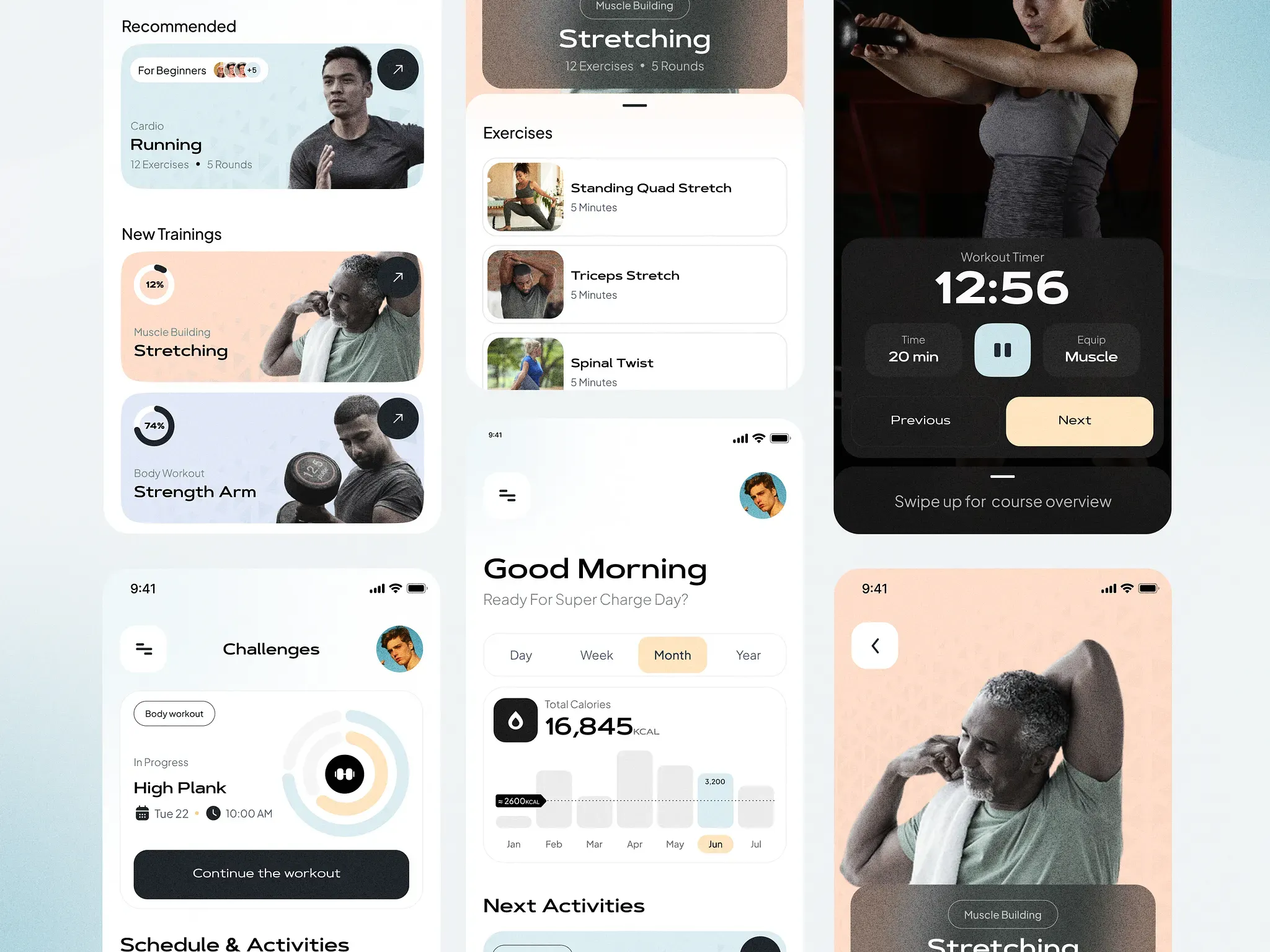 Fitness app screens showing recommended trainings, a daily activity summary and a workout timer.