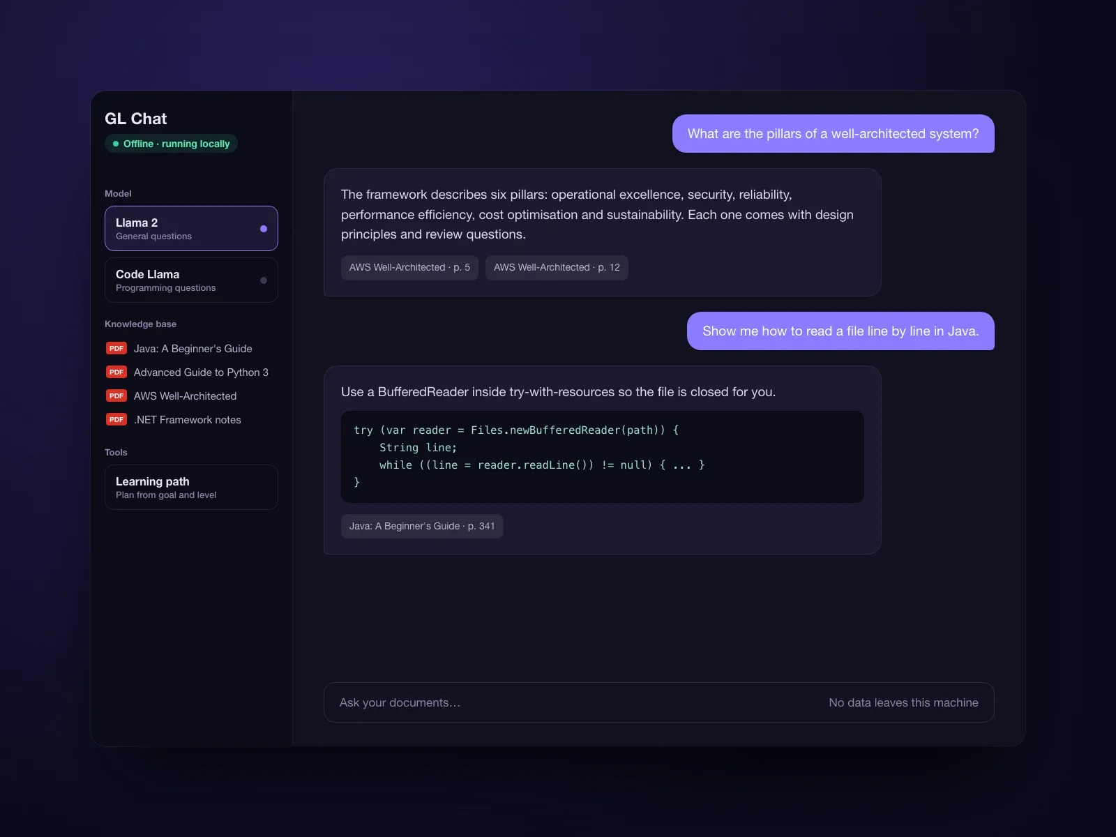Illustration of a chat assistant running offline, with a choice of two local models and answers that cite pages from PDF documents.