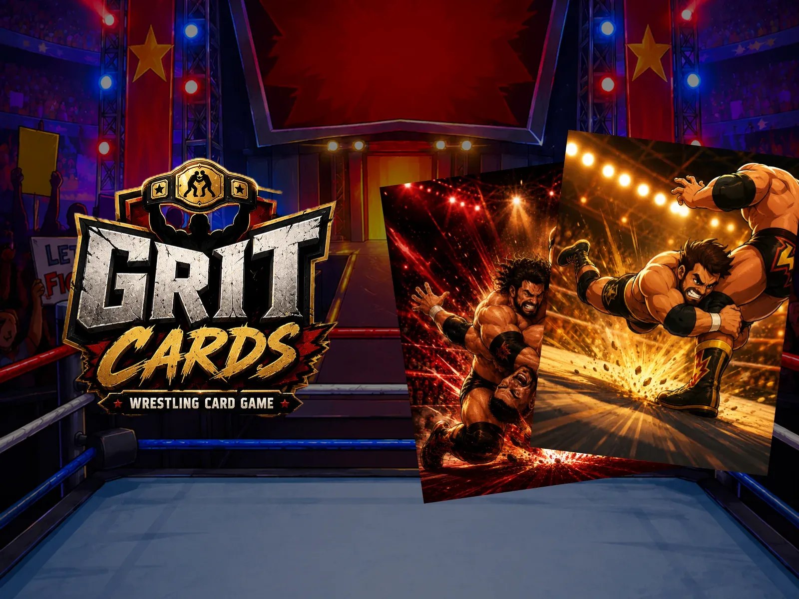 The Grit Cards logo in front of a wrestling arena, with two illustrated move cards.