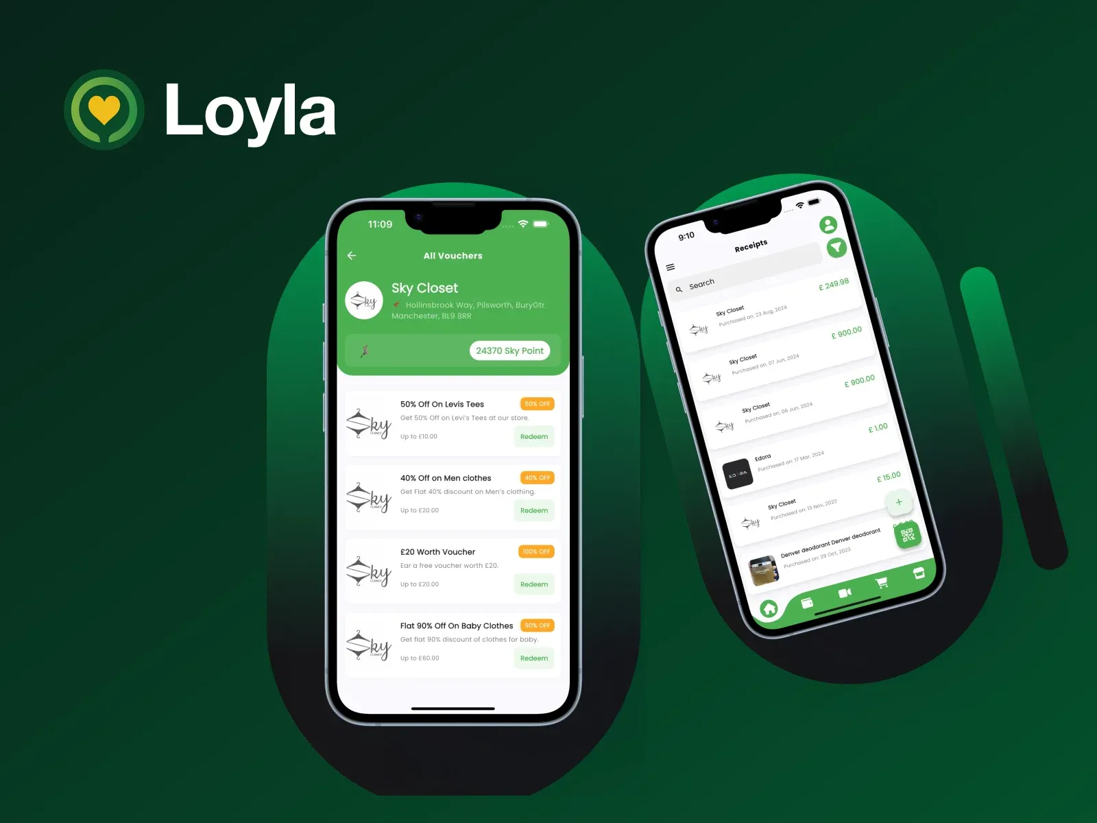 The Loyla logo beside two phones showing a shop's vouchers and points balance, and a shopper's list of receipts.