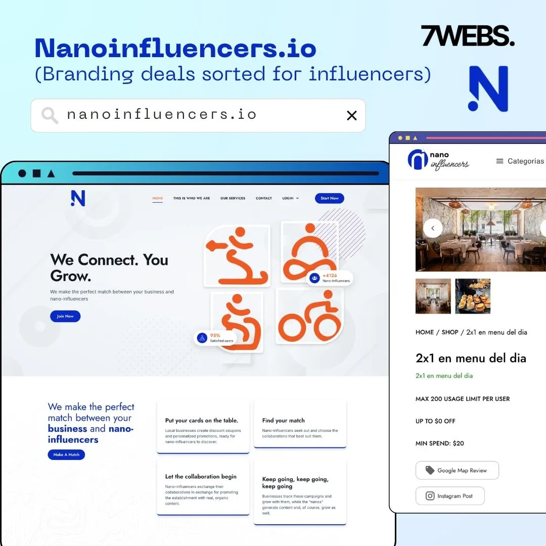 The Nanoinfluencers.io website and a deal page listing an offer with a usage limit and required Instagram post and Google review.