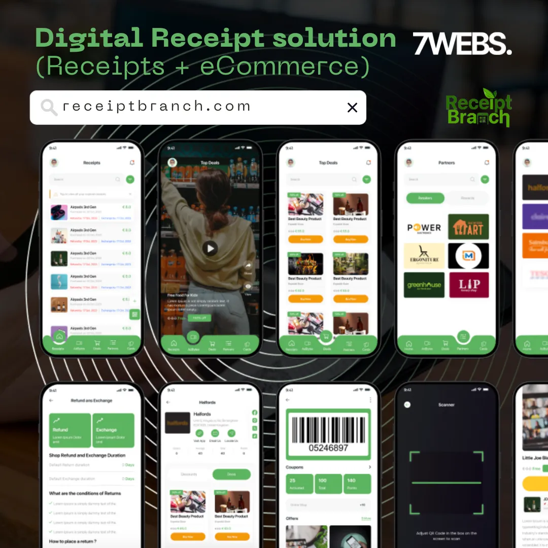 ReceiptBranch mobile app screens showing a receipt list, partner stores, offers and a barcode scanner.
