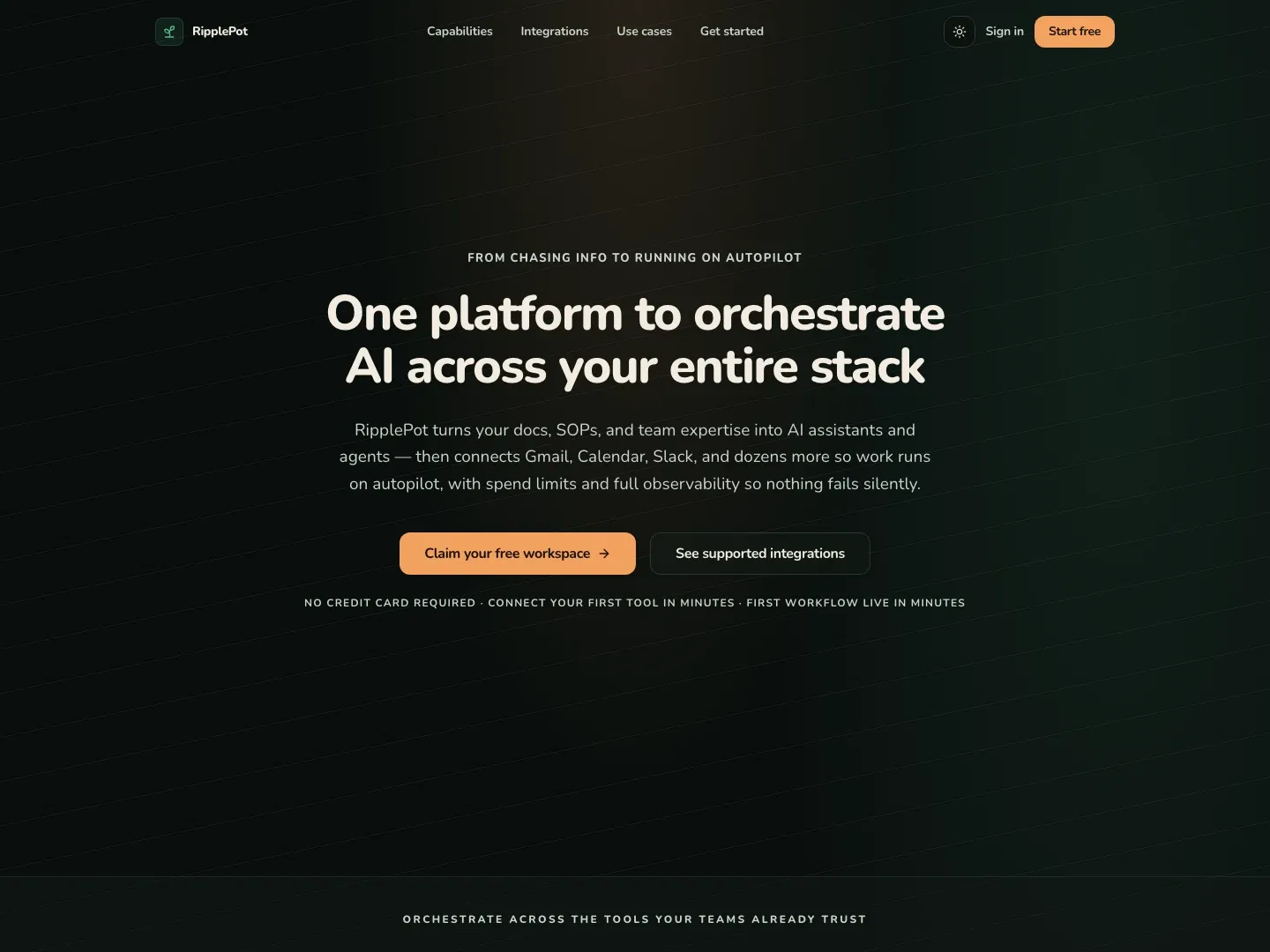 The RipplePot website, with the headline One platform to orchestrate AI across your entire stack.