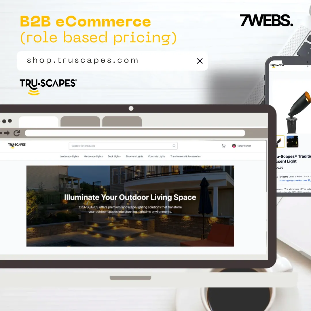 The TruScapes B2B storefront shown on a desktop monitor, with an outdoor lighting hero image.