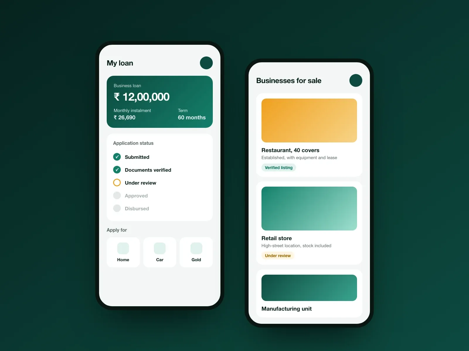Illustration of two phone screens. One tracks a loan application through its review stages, the other lists businesses for sale.