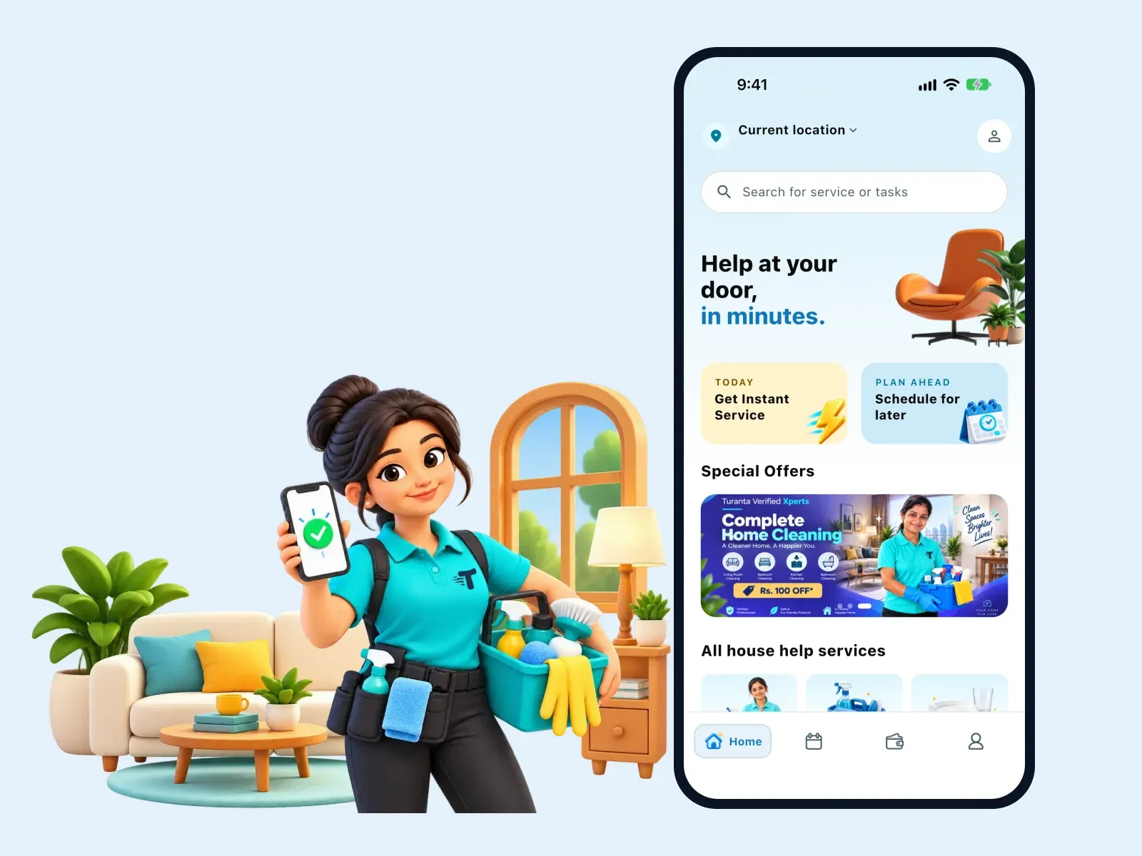 The Turanta customer app home screen with Instant and Schedule booking options, beside an illustration of a Turanta professional.